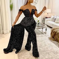 2021 european and american simple v neck black slim jumpsuit with off shoulders casual evening dresses women