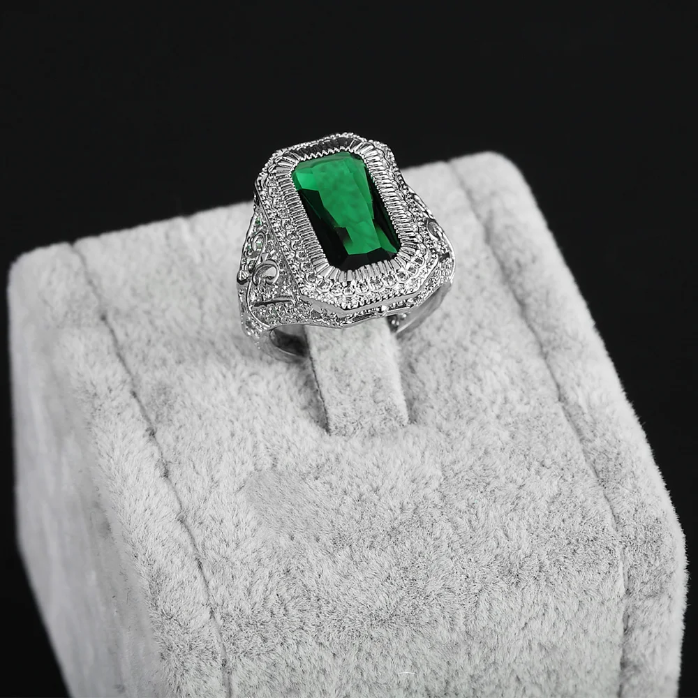

Unique Style Male Female Big Geometric Ring Fashion Green Zirconia Wedding Rings Promise 925 Silver Engagement Ring