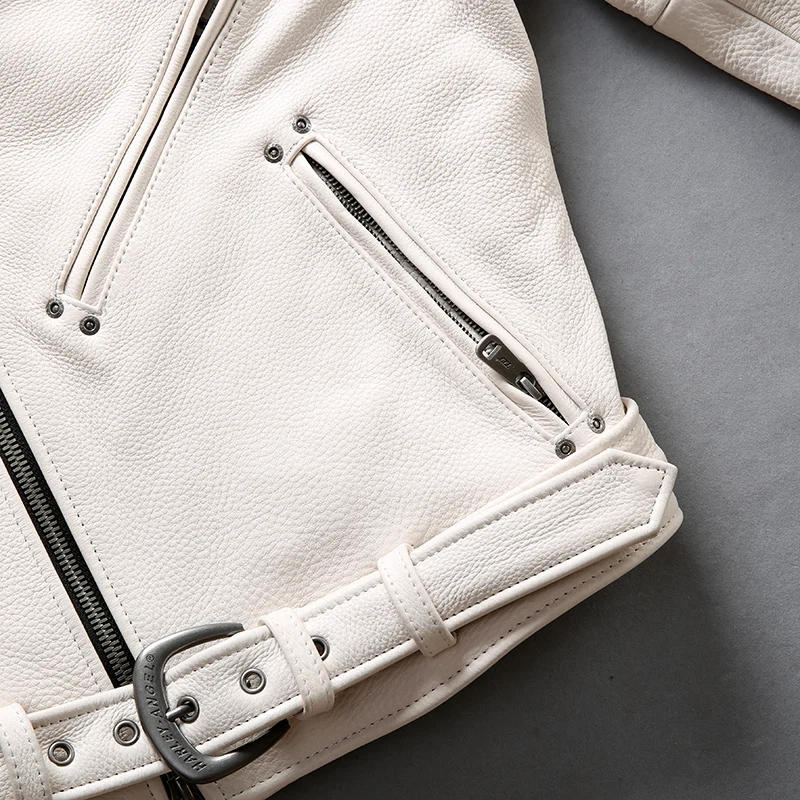 

2020 men's fashion white cow motorcycle with belt lapel zipper genuine jacket men biker leather coat male