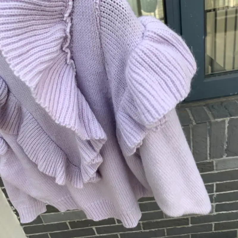 Spring winter purple Ruffles Knitted Sweater Women Pullovers casual O Neck Long Sleeve Chic korean sweater sweet Puff Femme 2019 | Женская