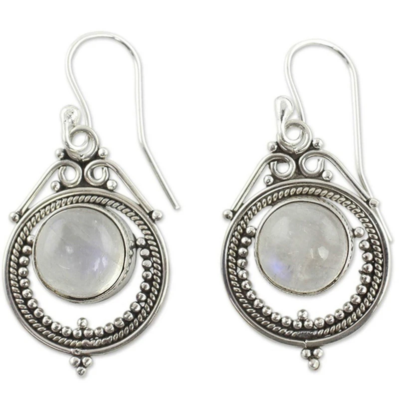 

Antique Style Geometry Moonstone Drop Earrings For Women Boho Round White Opal Earrings Female Zircon Wedding Jewelry