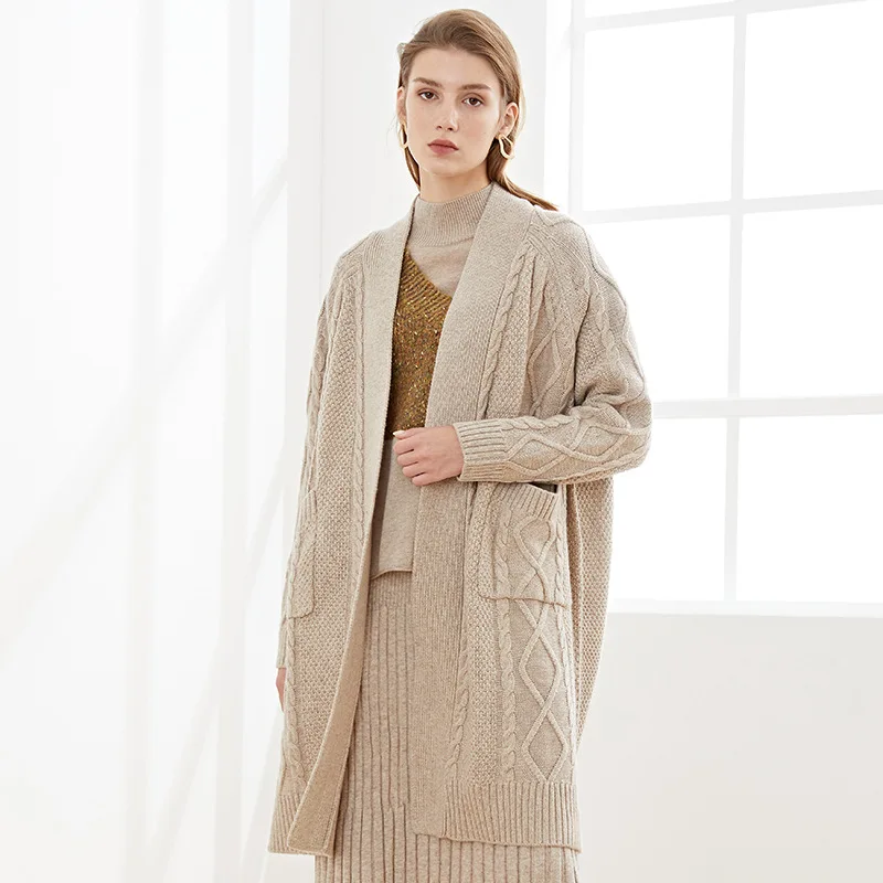

Beautiful Wool Knitted Cardigan Medium Length Loose Coat For Women Autumn Winter New 2021 Sweater For Women