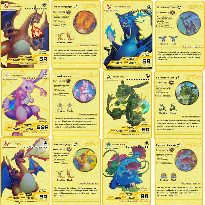 

8.8*6.3cm pokemon Metal Gold Card Charizard Blastoise Mewtwo Lugia Raichu Venusaur Collection toys for children