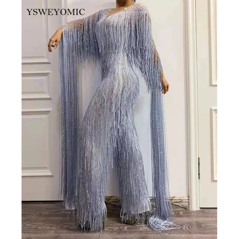 

2020 Silver Gray Fringe Rhinestones Jumpsuit Birthday Celebrate Tassel Bodysuit Stage Dance Leggings Women Singer Dancer Outfit