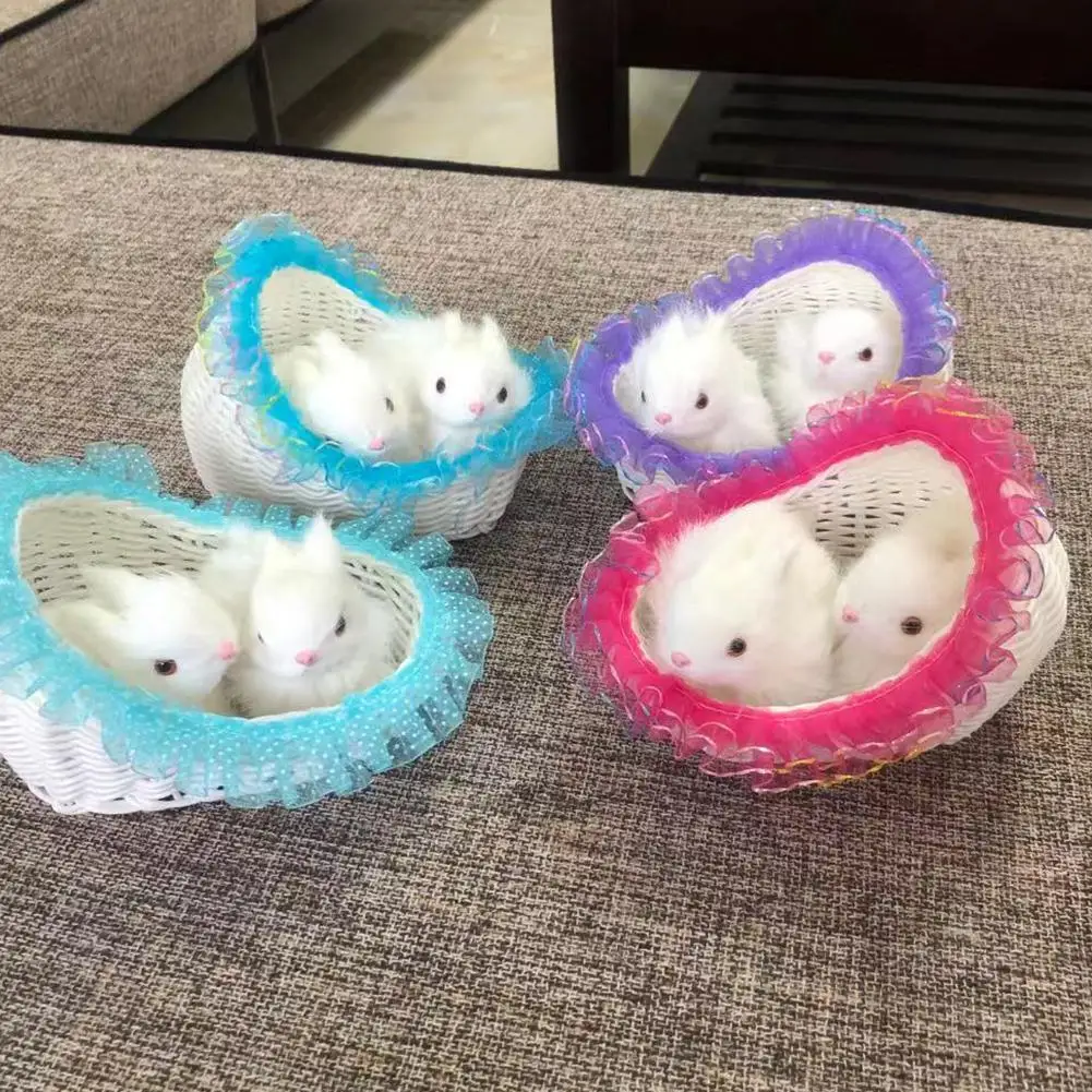 

Реалистичная меховая двойная Фигурка кролика, сидящая в корзине, украшение для домашнего стола