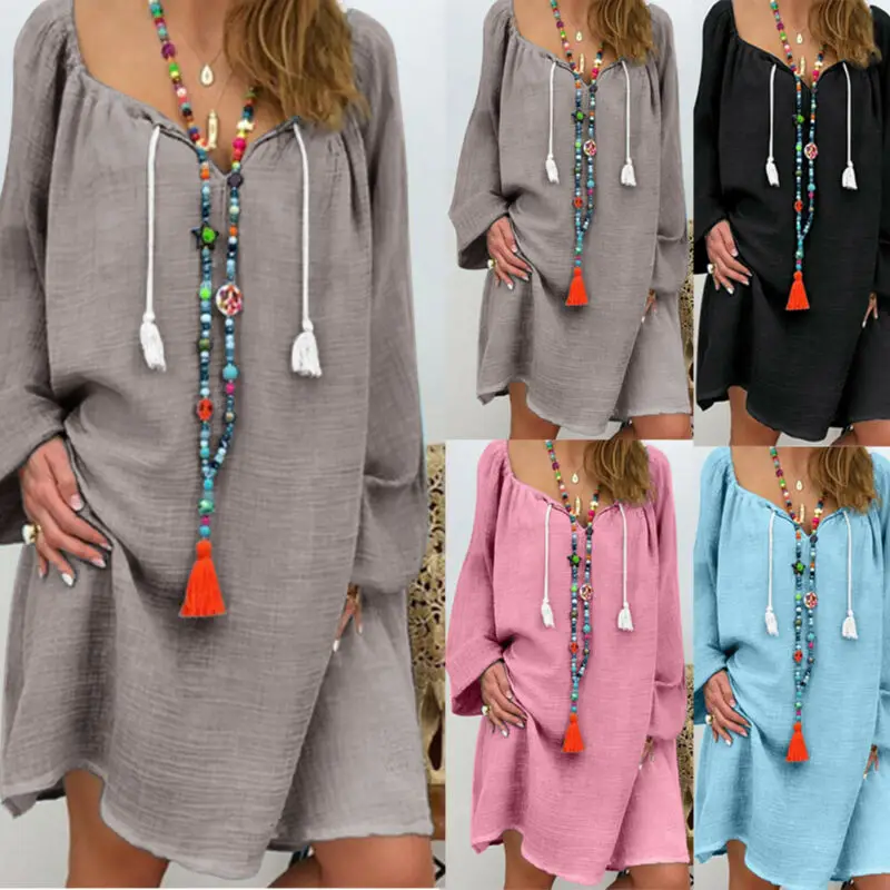 Летние женские платья из хлопка и льна Макси платье в стиле бохо свободный кафтан