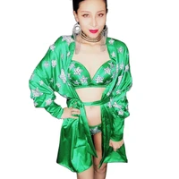 sparkly diamonds women bra shorts green coat 3 pieces set evening prom party birthday celebrate outfit nightclub show costume