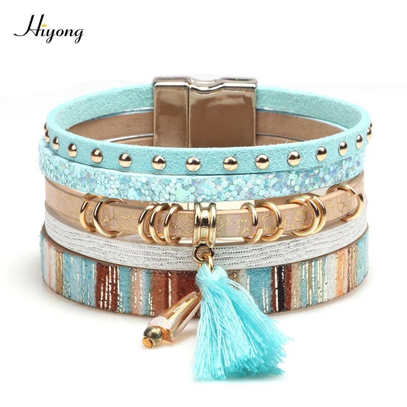 Модный богемный замшевый кожаный браслет многослойный Бохо с кристаллами и
