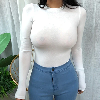 Тонкая футболка женская с узким низом, Просвечивающая футболка 2022, модная женская рубашка, однотонные Женские топы с длинным рукавом, осенняя одежда