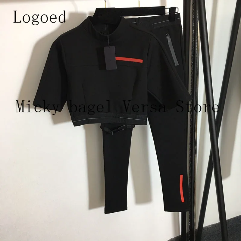 

luxury brand design fashion women's letter printing stand collar short sleeve top T-shirt + high waist slim Leggings Yoga Pants