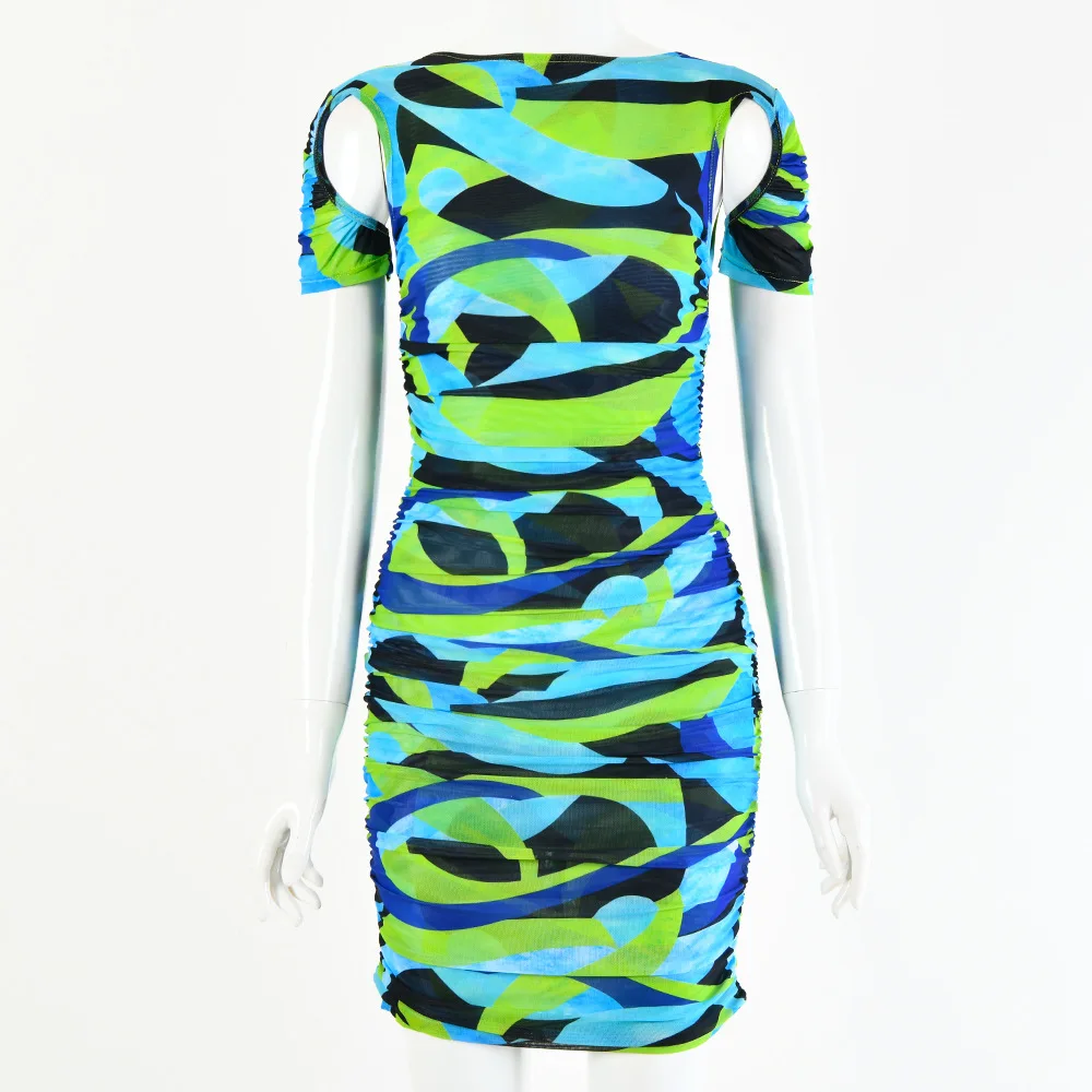 

Tie Dye Print Ruched Bodycon Dress Women Sexy Hollow Out Mesh Mini Dress Summer Elastic Slim Party Short Vestidos New