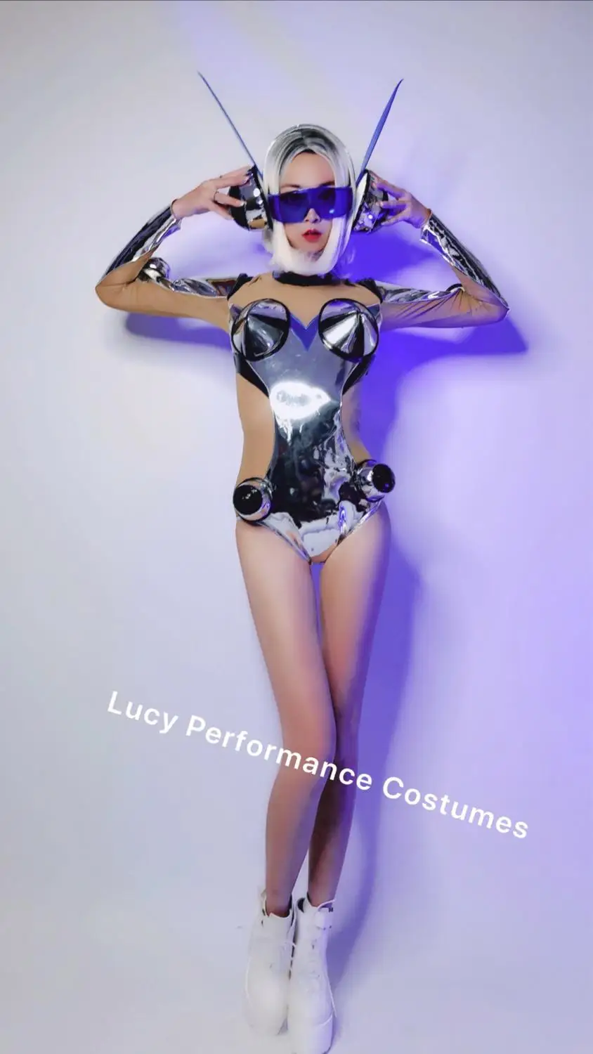 Женский сценический костюм певицы серебряная звезда Космический для