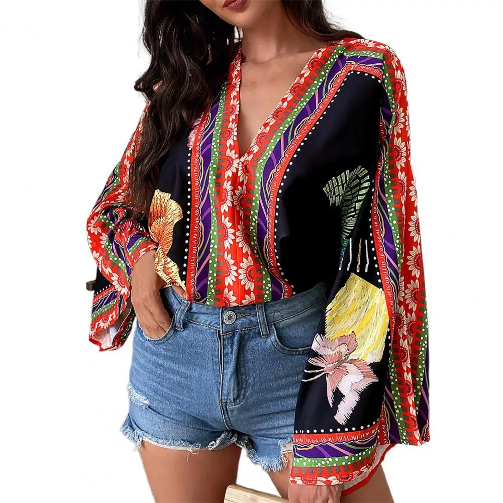 

Dropshipping!! Tropical Print Batwing Sleeve Women Blouse Autumn V-Neck Bohemia Loose Blouse Streetwear