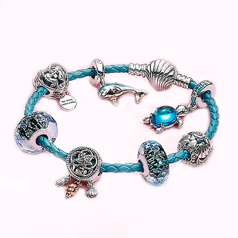 

925 sterling silver summer ocean series blue secret fish starfish turtle glass shell leather fashionpan bracelet female