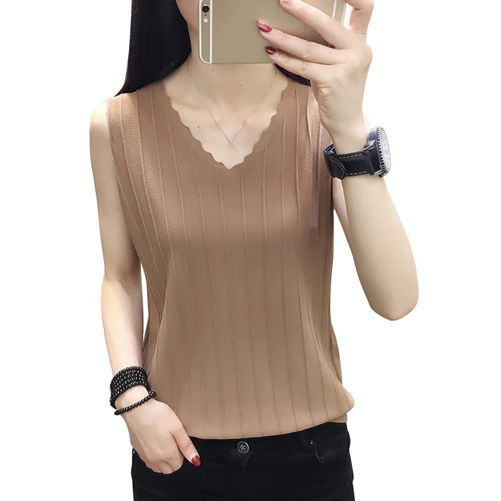 Женская летняя однотонная Свободная рубашка с v-образным вырезом без рукавов |