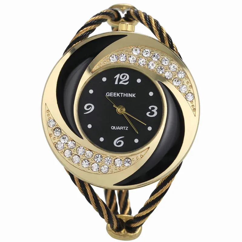 Gold Black Модные стразы, бриллианты, в стиле вихря, стальное переплетение, платье, наручные часы для женщин и девушек, дамский браслет, кварцевые часы - Цвет: Gold Black