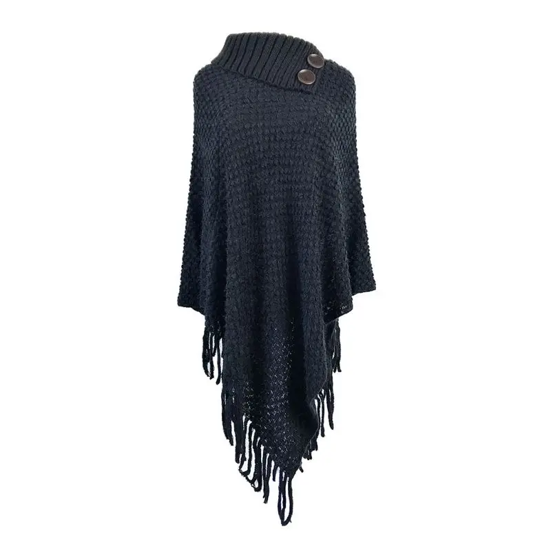 

Women Knitted Pullover Sweater Shawl Wrap Half Opened Collar Buttons Tassel Cape X3UE