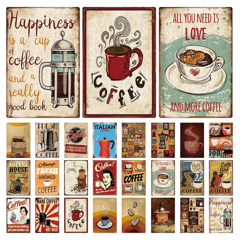

Happiness Coffee Tea Shop Tin Sign Retro Tinplate Poster Pin Up Wall Decor Modern Home Cafe Art Decorative Painting Metal Plaque
