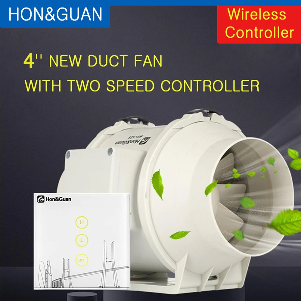 Hon&Guan 4'' 220V Silent Wireless Controller Inline Duct Fan Mixed Flow Smart Air Extractor For Bathroom Kitchen Ventilation