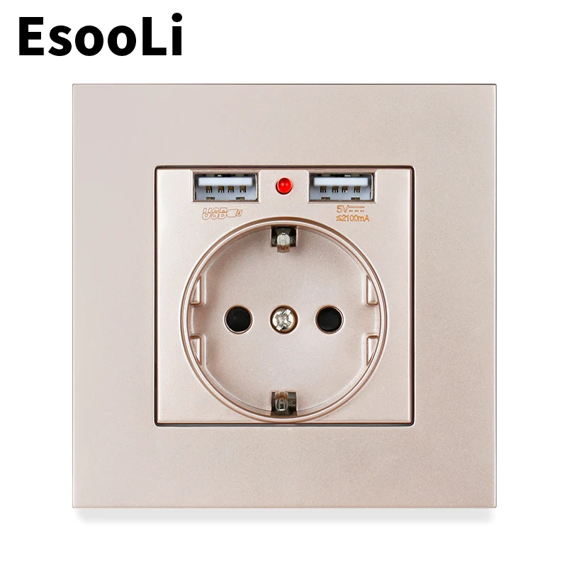 

EsooLi Wall Charger Adapter Dual USB Charging Port 5V 2.1A LED Indicator 16A EU Socket Power Outlet PC Panel