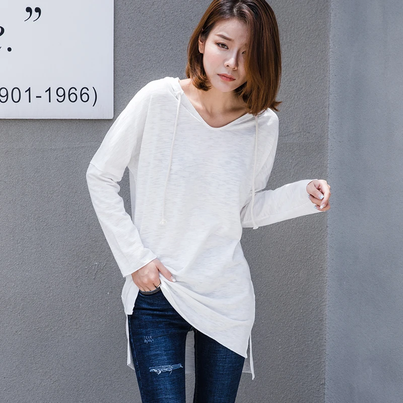 Bamboo Cotton Loose Women T-shirts 2021 Summer New Long Hooded V-neck Solid White Casual Pullovers Outwear Coat Tops | Женская одежда
