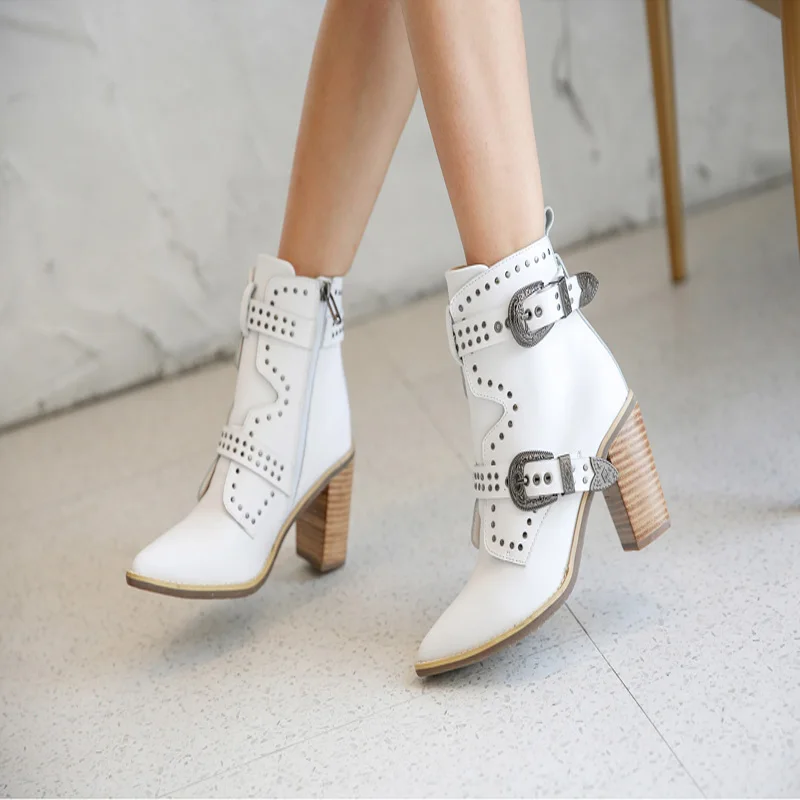 

Short boots female pointed thick high-heeled cowhide rivet belt buckle side zipper western handsome cowboy boots