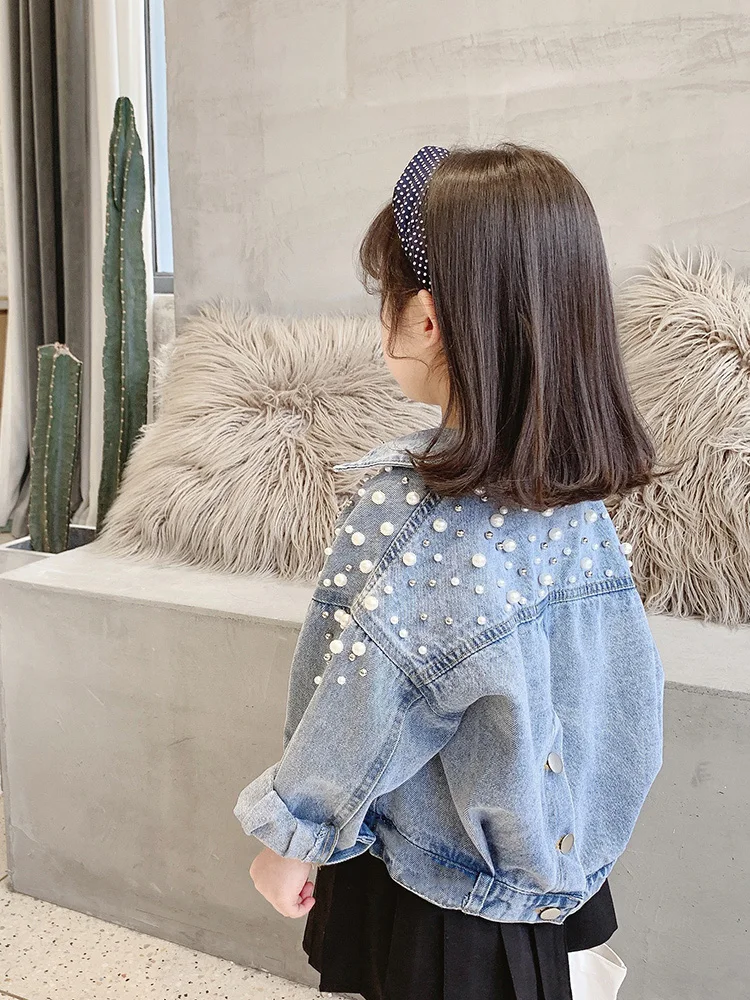 

Pearls Beading Denim Jacket For Girls Fashion Coats Children Clothing Autumn Baby Girls Clothes Outerwear Jean Jackets Coat