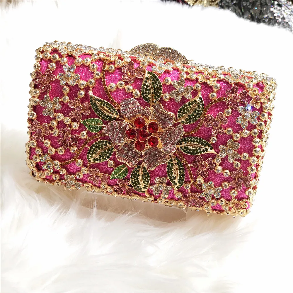 newest ladies with diamond flower clutch hand bag luxury crystal wedding party evening bag ladyise purse stone bag