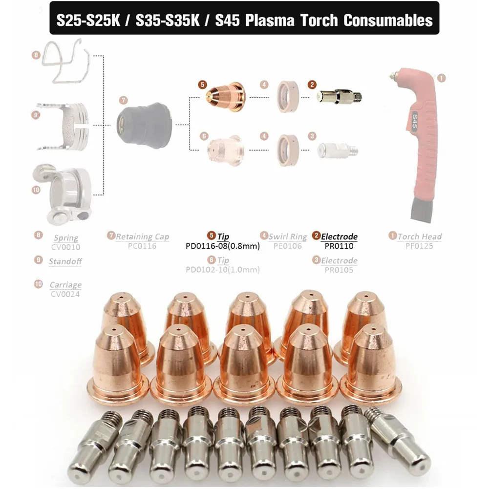 

20pcs Plasma Torch Electrode Tip Compatible Plasma Cutting Machine Consumables