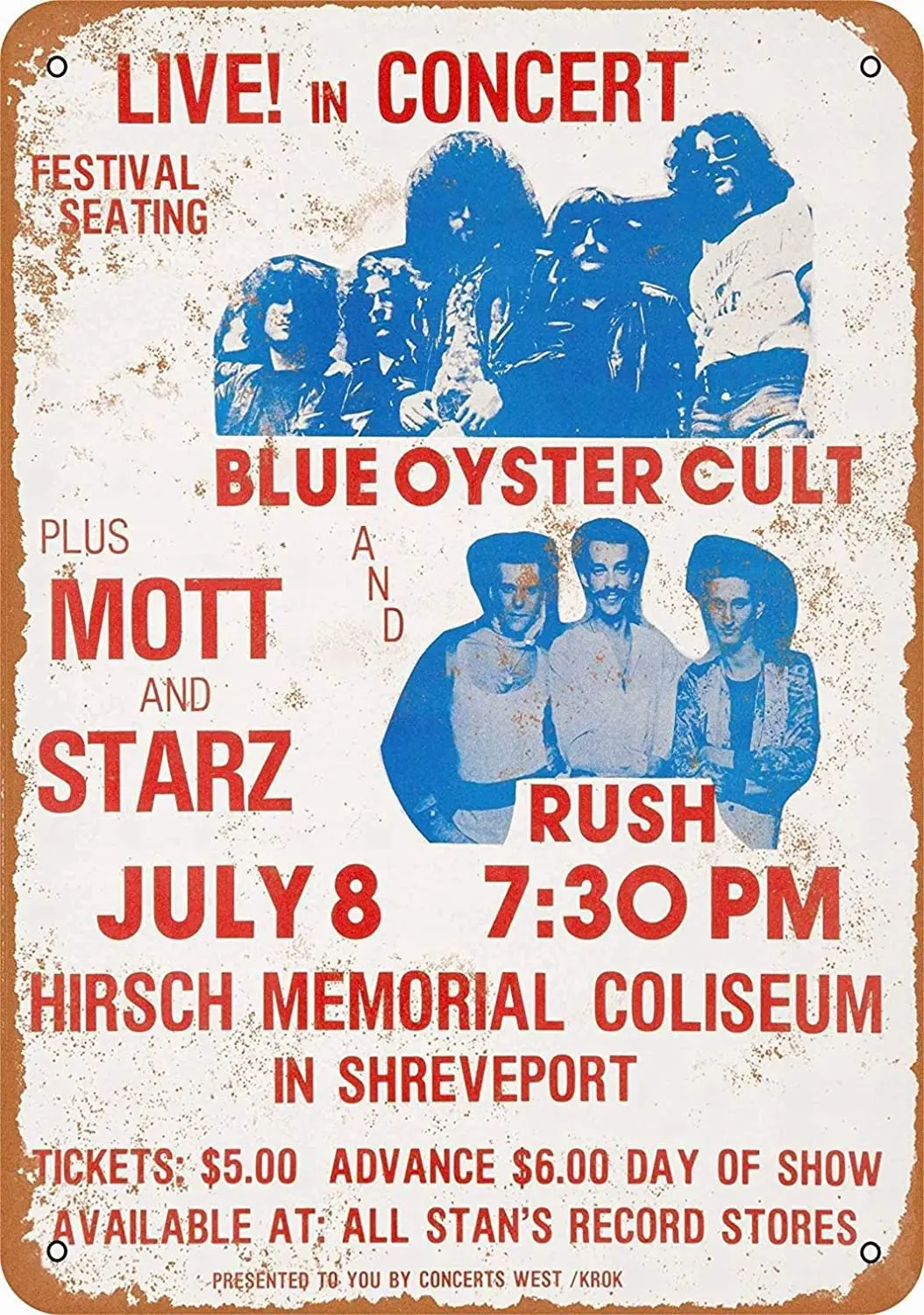 

PixDecor 8 x 12 Metal Sign - Blue Oyster Cult Rush in Shreveport - Vintage Wall Decor Art Retro Metal Sign