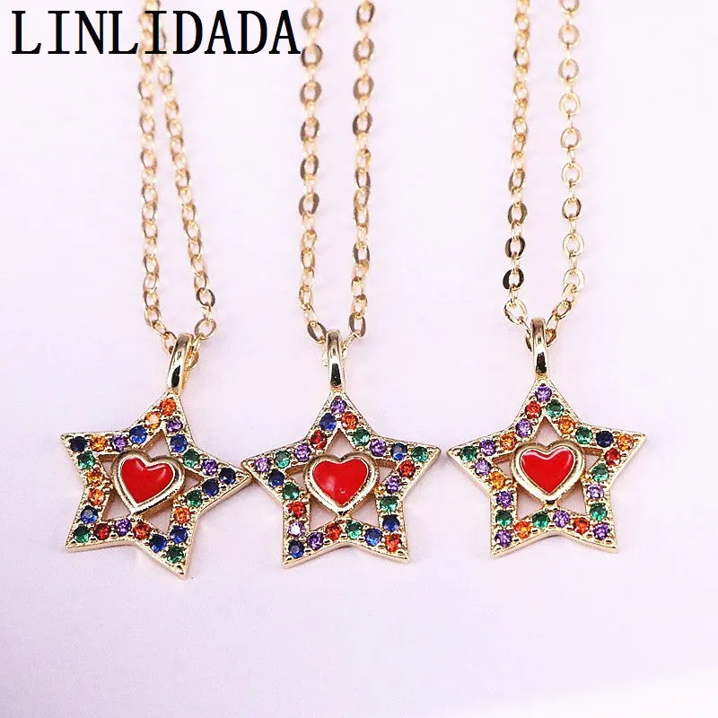 

8Pcs Trendy Enamel Charm Pendant Necklaces Gold Color Rainbow Cubic Zirconia pave Star Necklace For Women Girl