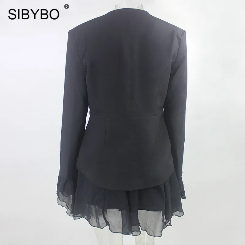 SIBYBO, с расклешенными рукавами, в сеточку, сексуальный комплект из двух предметов, для женщин, с глубоким v-образным вырезом, с оборками, Женский блейзер и юбка, комплект, элегантный, для вечеринки, Женский комплект