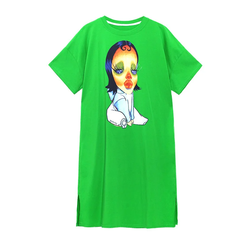 

QING MO Green Women Plus Size Fork Dress 2021 Summer Women Cartoon Printed Dress Female Straight Loose Dress ZQY7490