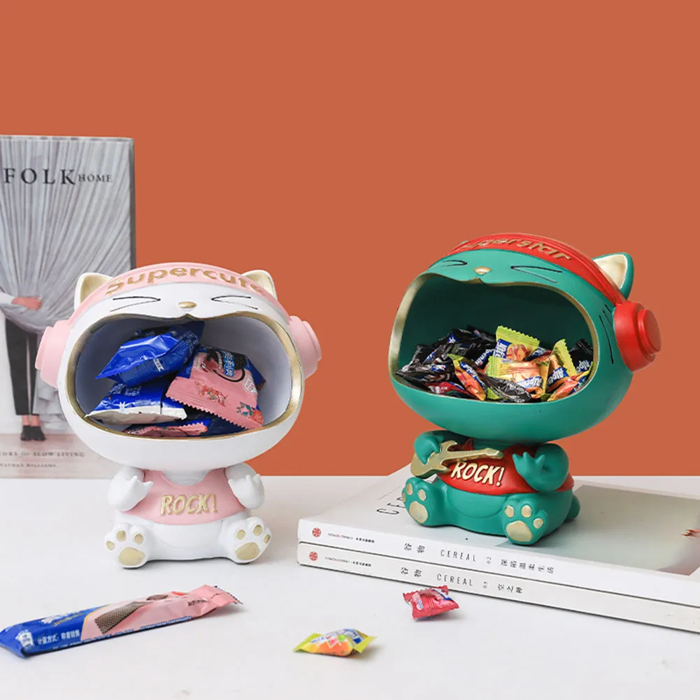 

Lucky Cat Sculpture Statue Modern Resin Ornaments Figurine Entrance Key Storage Holder Glass Snack Tray Table Desktop Organizer