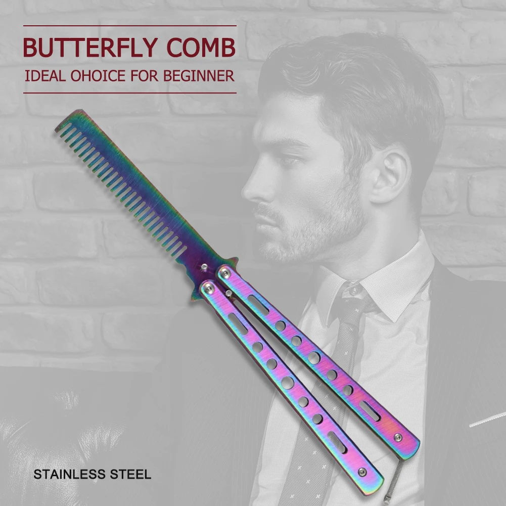 

Foldable Comb Stainless Steel Practice Training Butterfly Knife Comb Beard Moustache Brushes Hairdressing Styling Tool