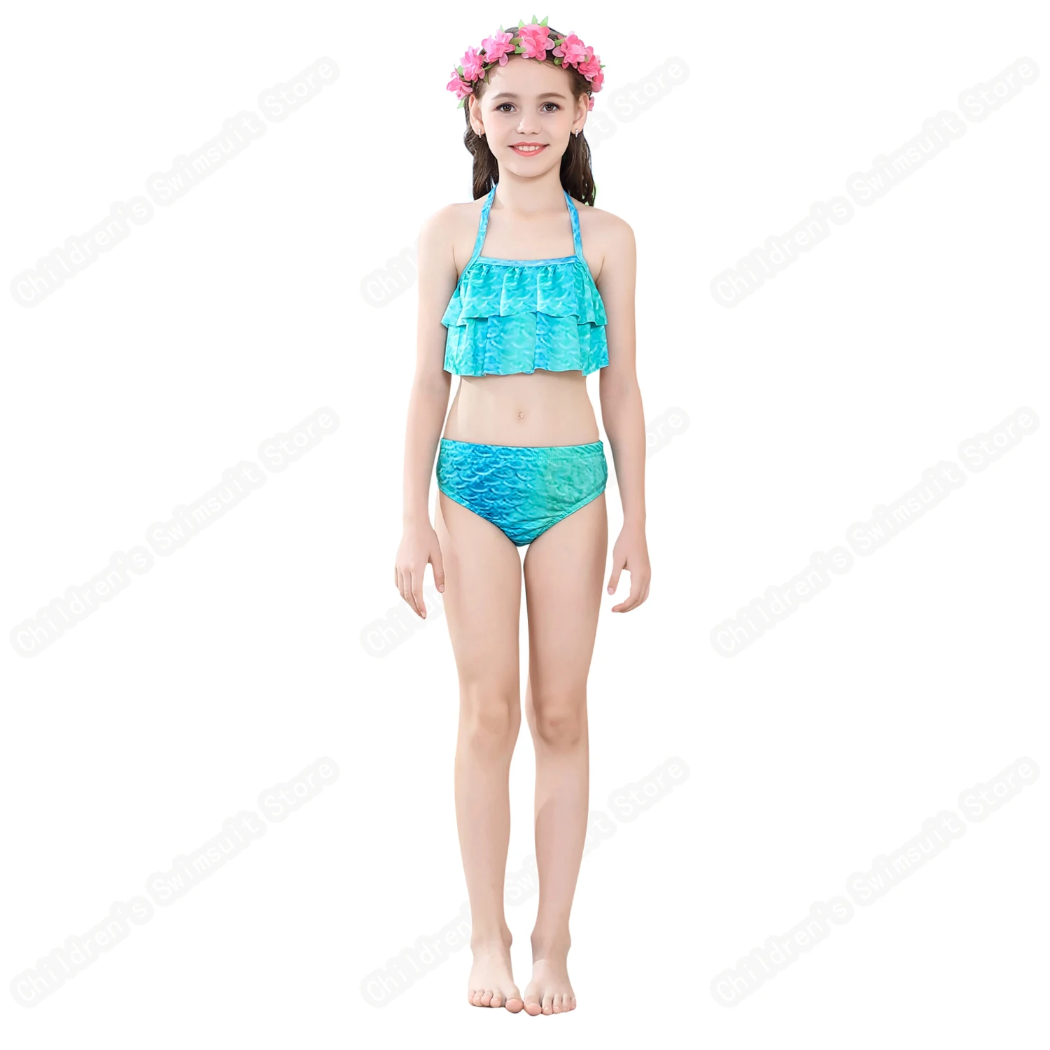 

Summer New Style Blue Split Swimsuit For Girls Children's Quick-Drying Beach Bikini Suit With Monolithic Fins And Wreath