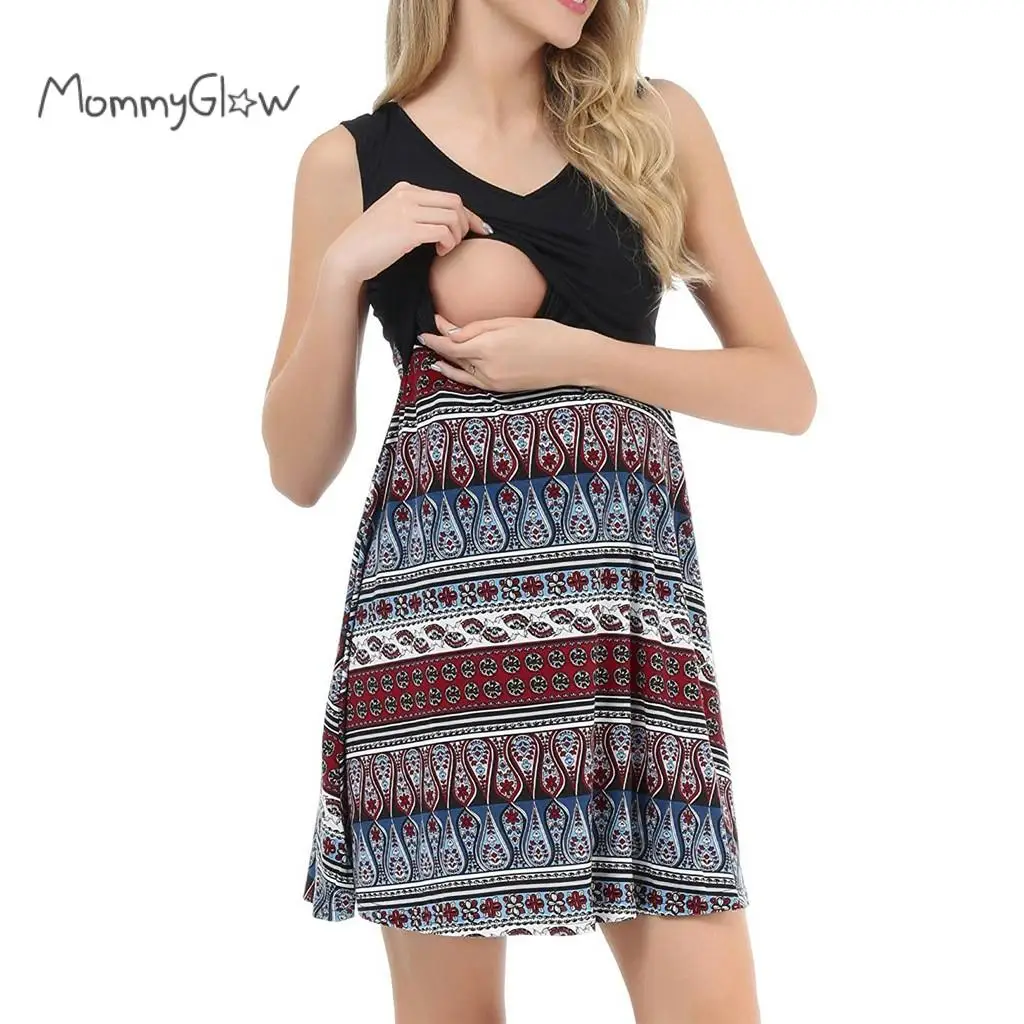 

Summer Maternity Dresses Nursing Dress Women Sleeveless Beach Print Patchwork O-neck Casual Breastfeeding Dress For Pregnant