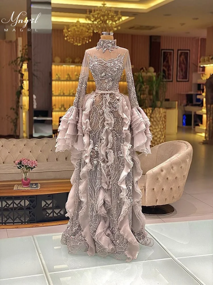 

MNGRL Luxury Evening Dress One-shoulder Long Sleeves Hand-applied Diamonds Glittering 2021 New Evening Dress Party Dress