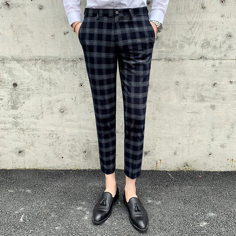 Брюки для костюма летние мужские тонкие клетчатые брюки модные Стрейчевые