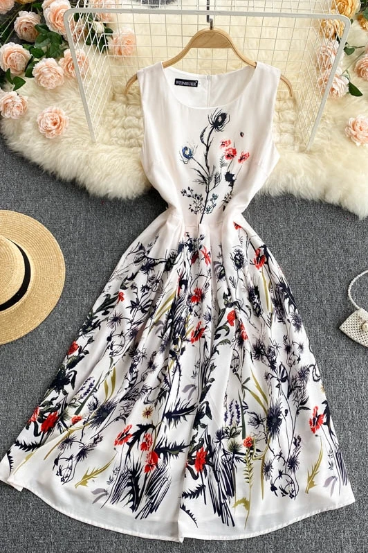 

Elegant Printed Dress Women's Summer Dress 2021 New Goddess Fan Temperament Round Neck Slim Short Sleeveless Vest Dress