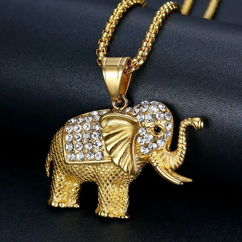 

European And American Hip Hop Hiphop Titanium Steel Gold Plated Diamond Inlaid African Elephant Pendant Necklace