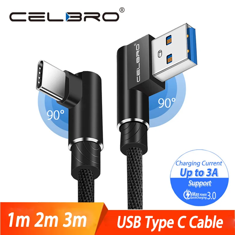 Кабель USB Type C под прямым углом 90 градусов кабель 3 м 2 для Xiaomi Mi 10 9 9t A3 Samsung Galaxy S20 Ultra