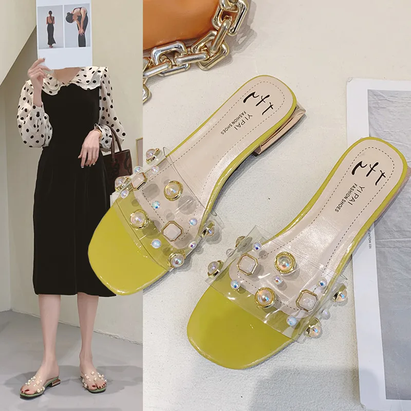 

Low Shoes Rivet Square heel Transparent Slippers Slides Slipers Women Med Fashion Block 2021 Soft Luxury Rubber PU Hoof Heels