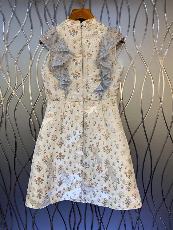 

2021 spring new women's fashion Round Neck Lace perspective stitching embroidery sleeveless dress 304