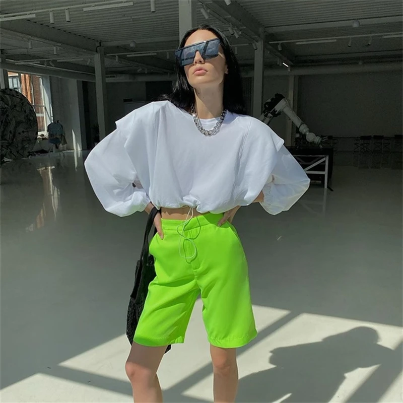 

YOSICIL pure color drawstring blouse Round long sleeves thin stitching top Spring streetwear design sense woman tops