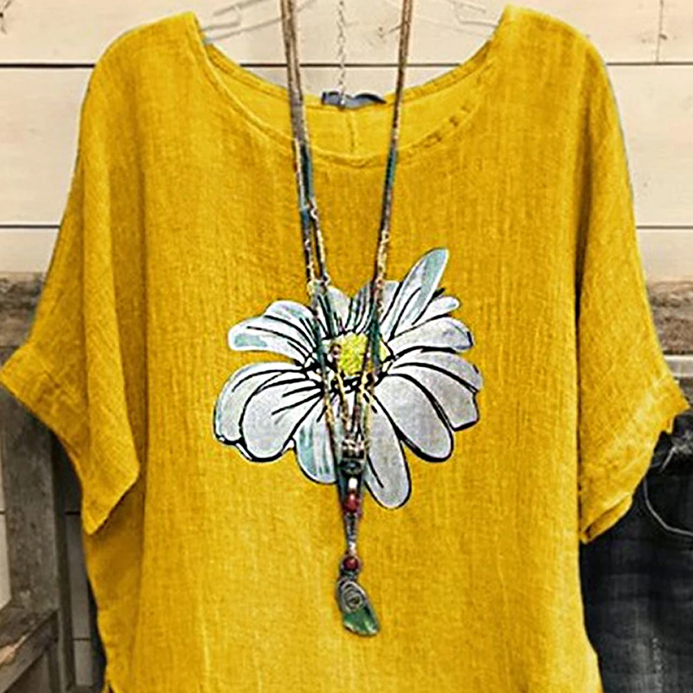 

High Quality Cotton Women Tshirt New 2020 Summer Casual Retro Small Daisy Printed Short Sleeve Big Round Neck Loose Tops Tee