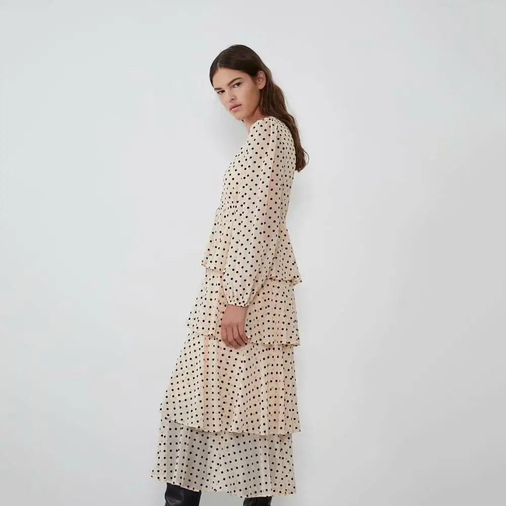 Женское длинное платье в горошек с V-образным вырезом и оборками | Женская одежда