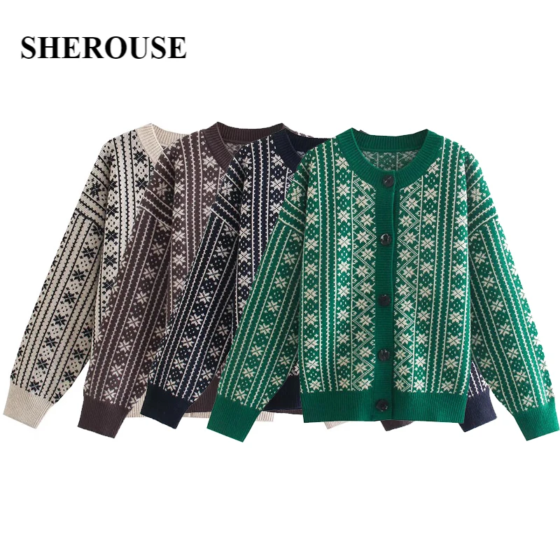 

Женский однобортный вязаный кардиган Sherouse, винтажный вязаный кардиган с круглым вырезом и длинными рукавами, стильный свитер