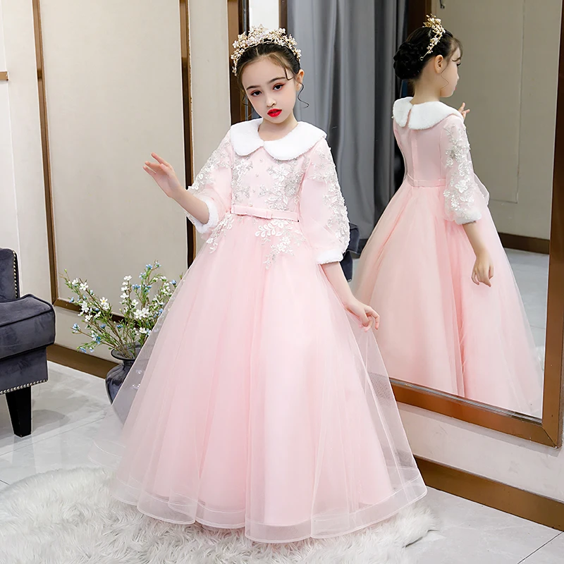 

Flower Girl Dress Pearls O-Neck Three Quarter Princess Beading Floor-Length Tulle Lace Embroidery Sequined Kids Party Gown H269