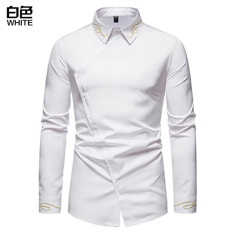 

New hollow European men's trend embroidered asymmetric long sleeve shirt Western jeans shirt 7017